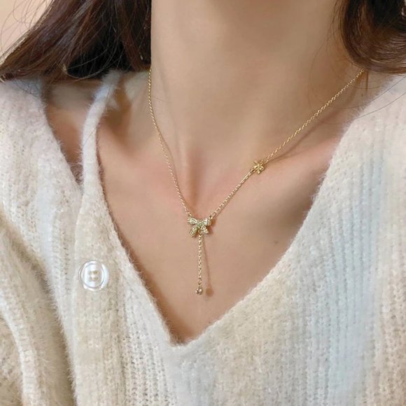 NEW Silver Gold Copper Zircon Bow Knot Tassel Necklace - Picture 5 of 9